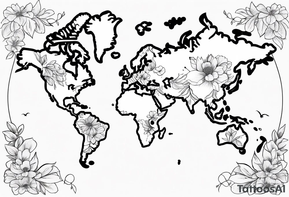 World map with floral design tattoo idea