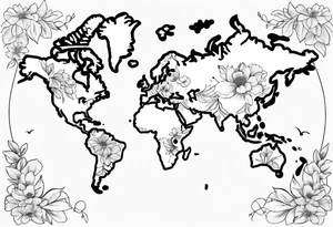 World map with floral design tattoo idea