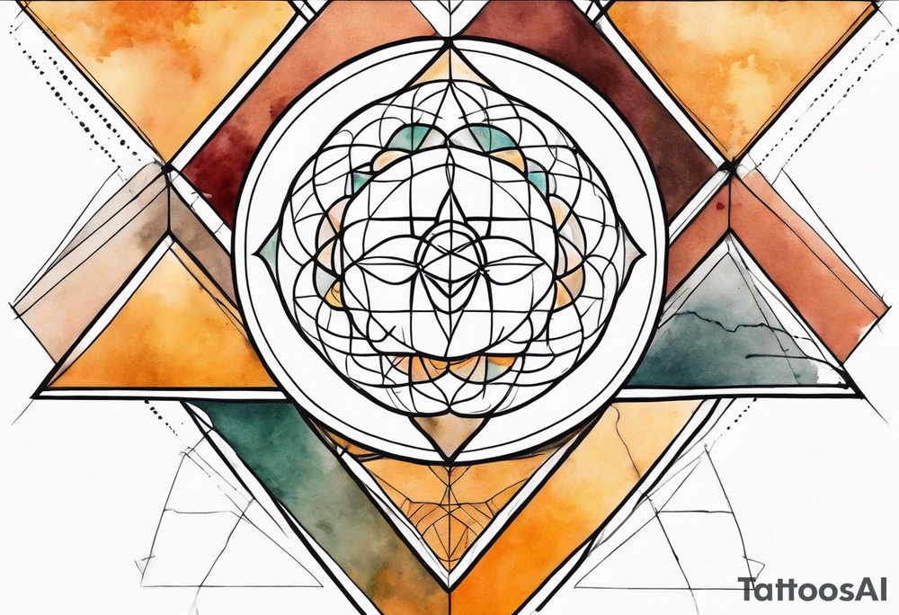 front knee tattoo with sacred geometry, swirls & washes, background and in fall colors tattoo idea