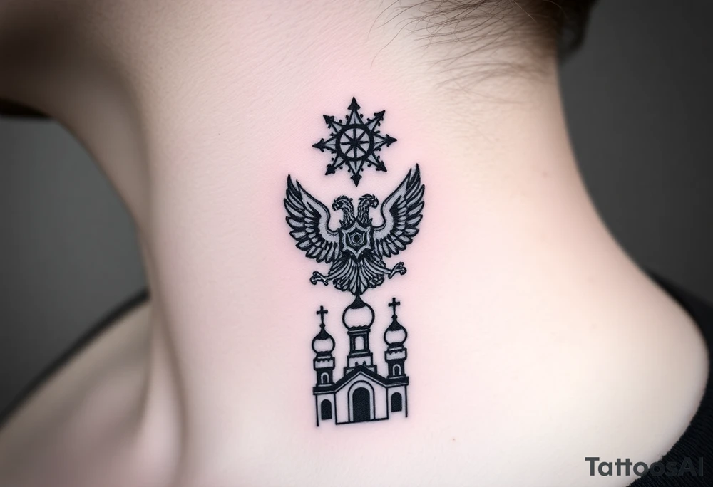 Stacked Vertical Column 

Russian star — small, bold
Middle: Miniature double-headed eagle — simplified, cleaner lines to suit the smaller space
Bottom: Orthodox church dome(s) with a small Virgin Mary silhouette beneath tattoo idea