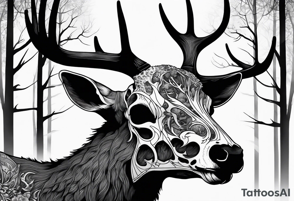 A SCARY side view of a decayed deer skull NO SKIN JUST BONE surrounded by a forest fire in background tattoo idea