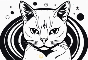 cat with an angry face surrounded by  planets tattoo idea