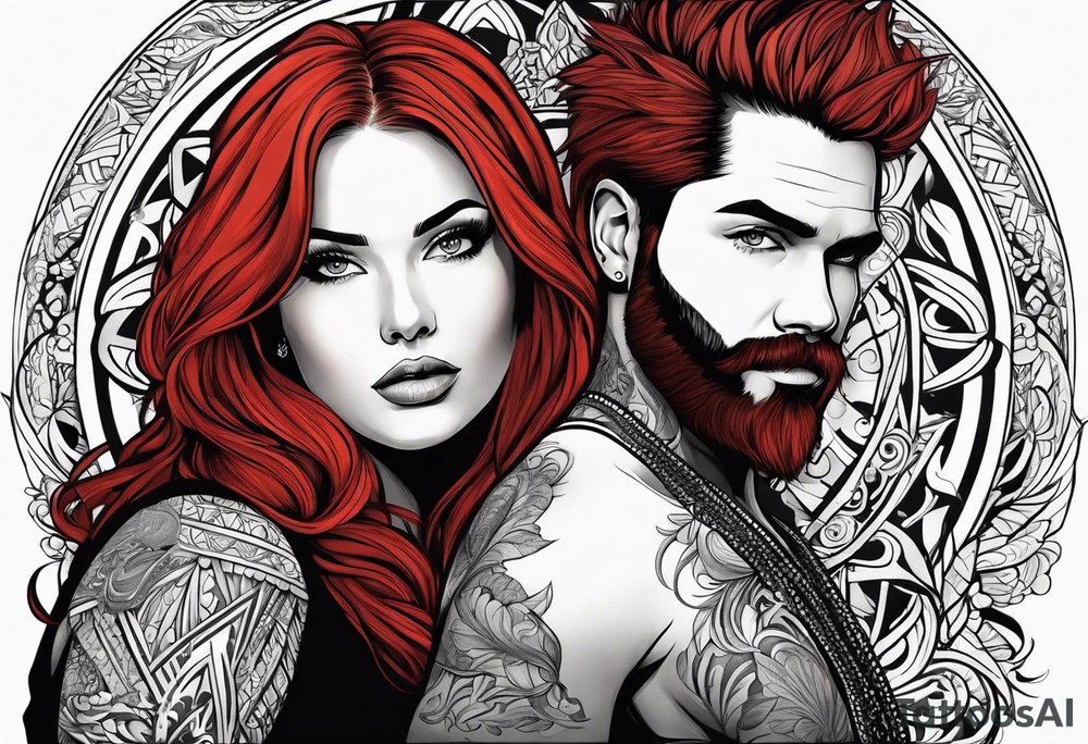 Busty red haired woman with a bearded man who has black hair tattoo idea