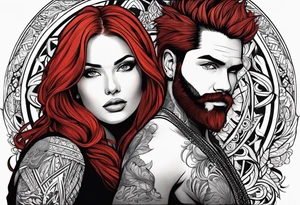 Busty red haired woman with a bearded man who has black hair tattoo idea