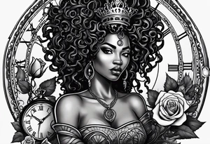 A black African queen Medusa, with blank eyes, a candle lit with smoke coming from the flame, a granddaddy clock with roses tattoo idea
