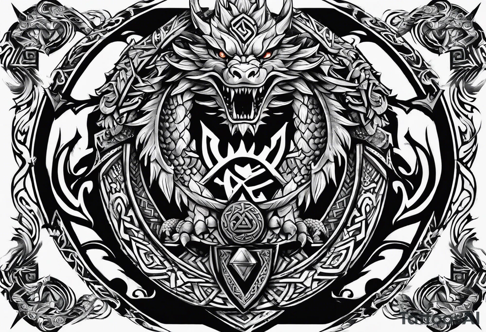 Valhalla sword shield dragon axe Valknut tribal tattoo idea Valhalla sword shield dragon axe Valknut tribal tattoo idea
