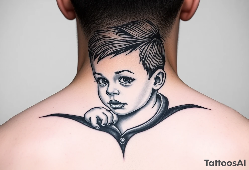 give me a full neck tattoo of Richie rich as a baby 
 in black ink tattoo idea