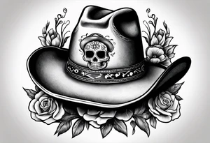 Mexican skull-wearing cowboy hat with art paintbrushes and bluebonnet flowers tattoo idea