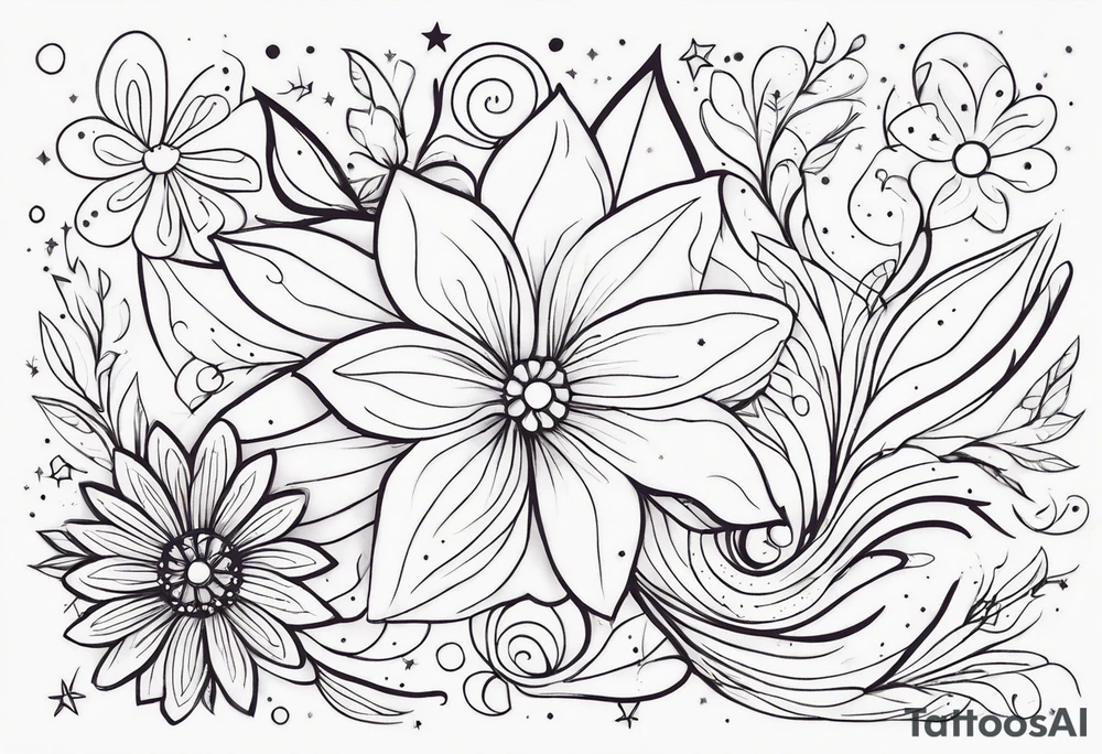 fine line floral with stars, swirls, dots tattoo idea
