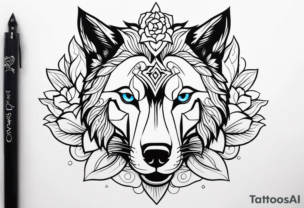 Lobo com uma rosa azul atravessada no olho direito tattoo idea