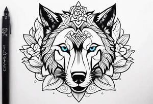 Lobo com uma rosa azul atravessada no olho direito tattoo idea