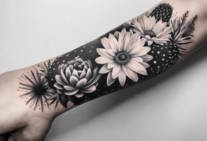 Forearm sleeve with cactus, daisies, and greenery tattoo idea