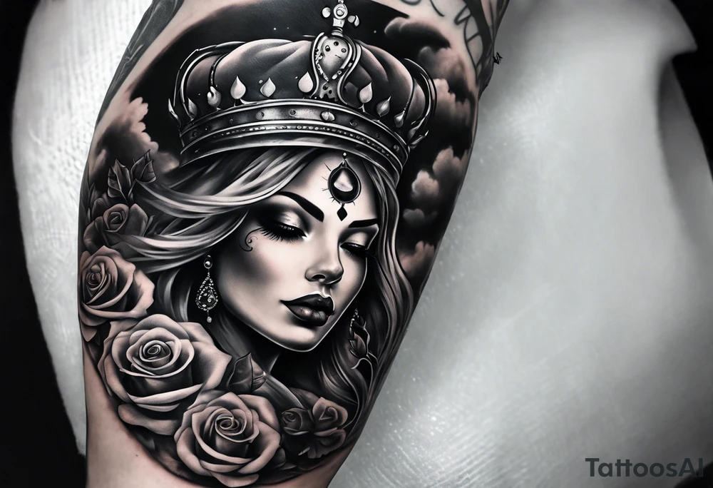 Full right arm sleeve  a crown and third eye with a hour glass instead the hour glass brain cover in in clouds and a heart cover in grass and roots with roses and smoke all over the arm tattoo idea