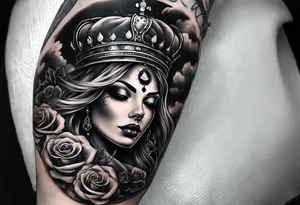Full right arm sleeve  a crown and third eye with a hour glass instead the hour glass brain cover in in clouds and a heart cover in grass and roots with roses and smoke all over the arm tattoo idea