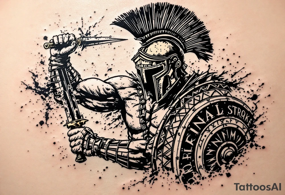 The Final Strike – A muscular gladiator mid-attack, his gladius raised high, slicing through an opponent’s shield. His bronze helmet reflects the sun, while his battle-worn leather armor is covered in dust and sweat. tattoo idea