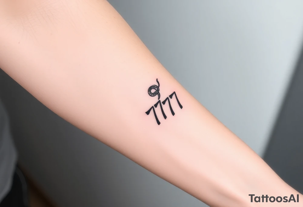 Minimalist black ink tattoo design of a small snake coiled around the number 777. tattoo idea