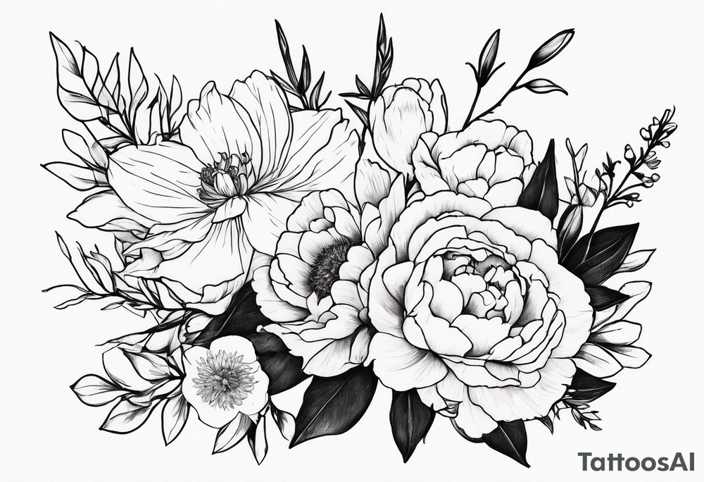 flower bouquet with a peony, larkspur, rose, and daffodil with stems showing tattoo idea