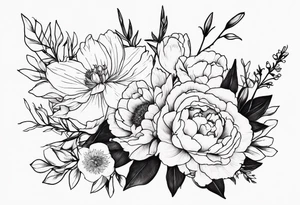 flower bouquet with a peony, larkspur, rose, and daffodil with stems showing tattoo idea