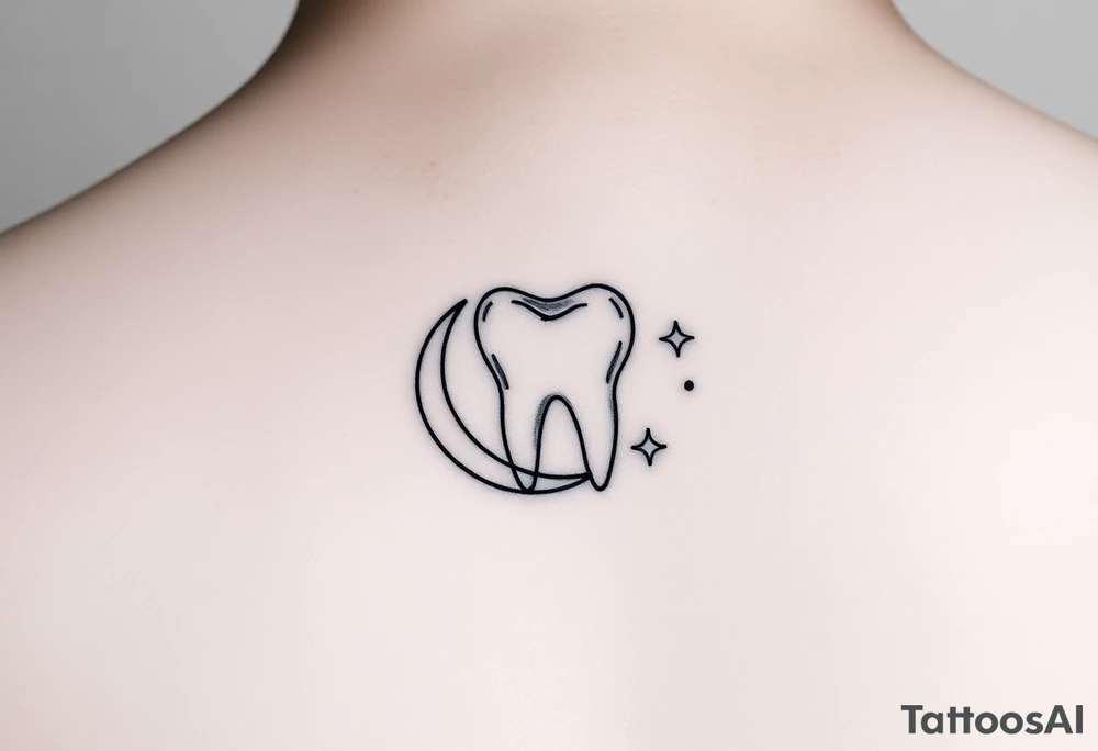 Tiny fine-line outline of a molar tooth framed by a thin crescent moon hugging its side, with three very small sparkling dots around, elegant and subtle. tattoo idea