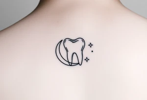 Tiny fine-line outline of a molar tooth framed by a thin crescent moon hugging its side, with three very small sparkling dots around, elegant and subtle. tattoo idea