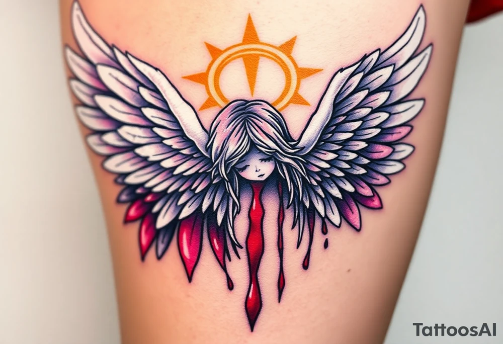 Seraphim angel, with brilliant white wings that shine with golden accents and divine light, is contrasted with a fallen angel, whose wings are tattered and darkened with deep purples, reds, and blacks, dripping with sorrowful tears of blood. tattoo idea
