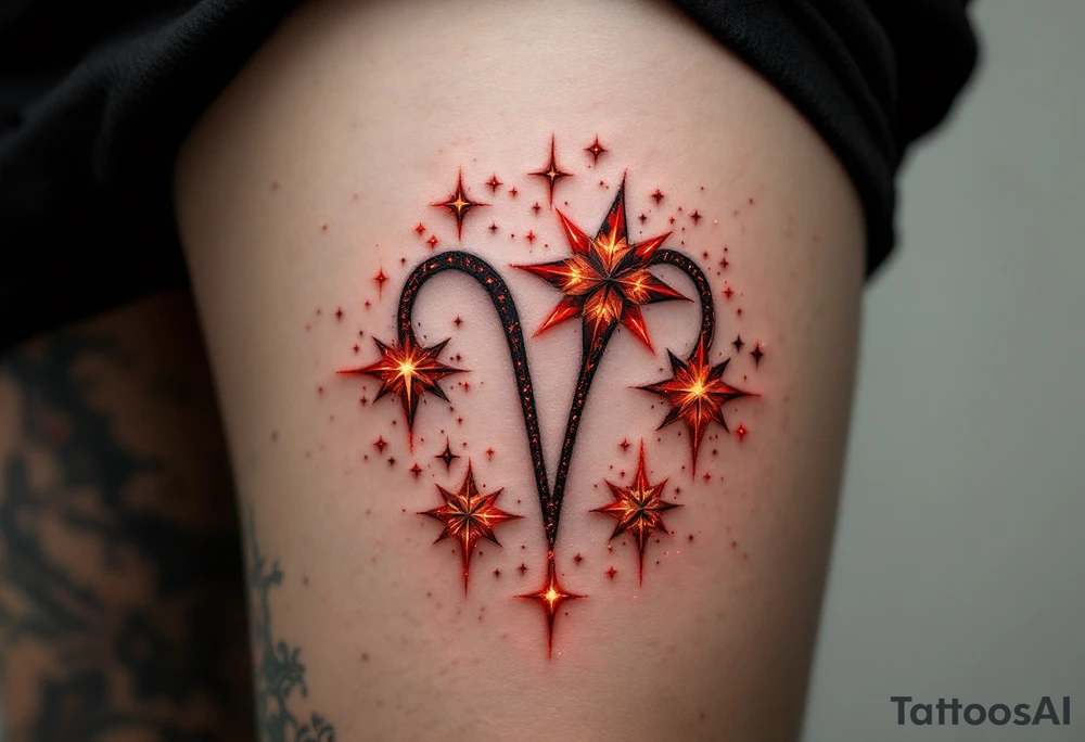 A stylized Aries star constellation is inked in electric red with small fire-like sparks around each star with Aries zodiac sign. tattoo idea