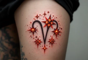 A stylized Aries star constellation is inked in electric red with small fire-like sparks around each star with Aries zodiac sign. tattoo idea