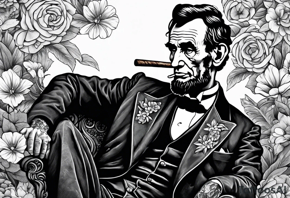 Abraham Lincoln smoking a cigar  in a flowered suit jacket doing karate tattoo idea