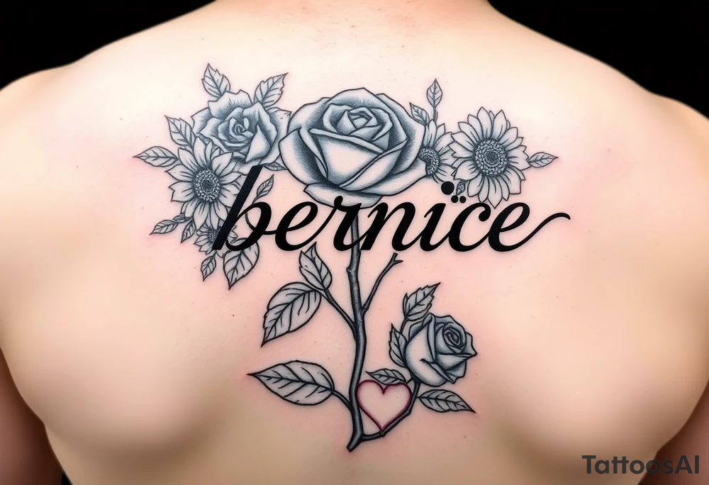 Flowers around the name bernice a rose saying Eloise Burris with a tree stem saying shirley Ann Loving Scott with sunflowers coming out the stem a cloud saying white cloud and a rose stem saying Sayquan and quazeik with a  heart tattoo idea