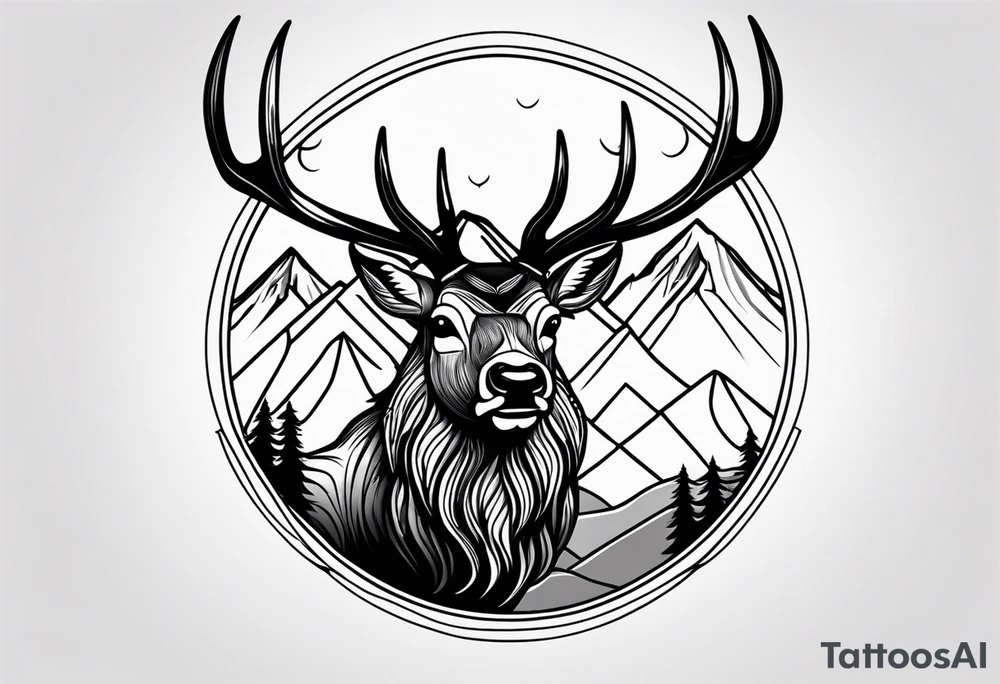 majestic elk with mountains in the background tattoo idea