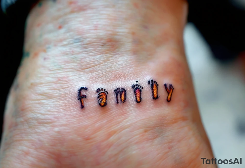 The word family beneath a row of tiny matching footprints in soft earth tones. tattoo idea