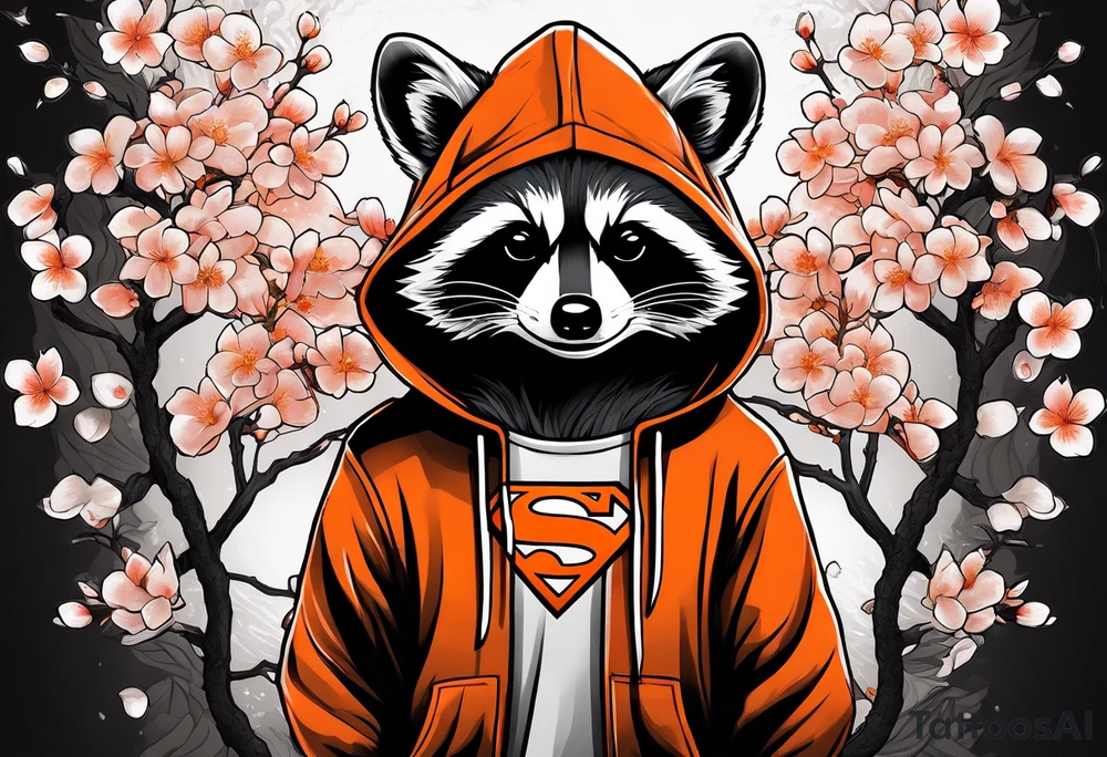 Raccoon wearing a white Superman logo on a black hoodie and orange Japanese cherry blossoms beside tattoo idea