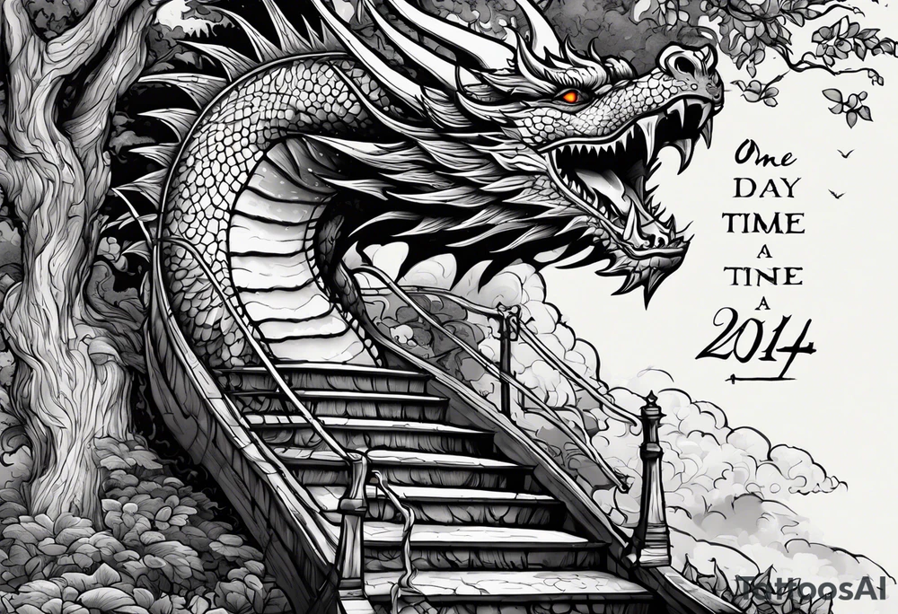 in vertical line, a dragon coming up on stairs that are a tree at the top, with the words "One day at a time" and date 4.14.24 tattoo idea