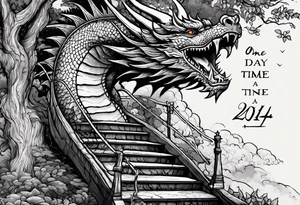 in vertical line, a dragon coming up on stairs that are a tree at the top, with the words "One day at a time" and date 4.14.24 tattoo idea