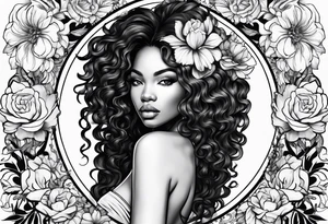 Black women body with a lion, flowers and butterflies tattoo idea