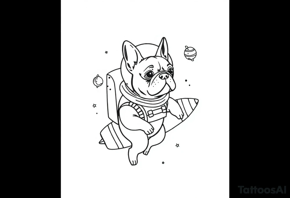 a space themed tattoo of my french bulldog mars. include elements in space like planets and stars. mars should be depicted as a astronaut in a spaceship flying through space tattoo idea