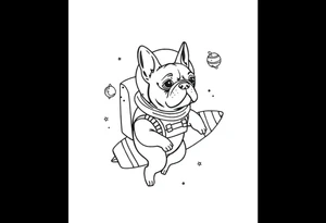 a space themed tattoo of my french bulldog mars. include elements in space like planets and stars. mars should be depicted as a astronaut in a spaceship flying through space tattoo idea