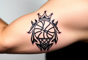Basketball and basketball hoop with a crown, tribal influence tattoo idea
