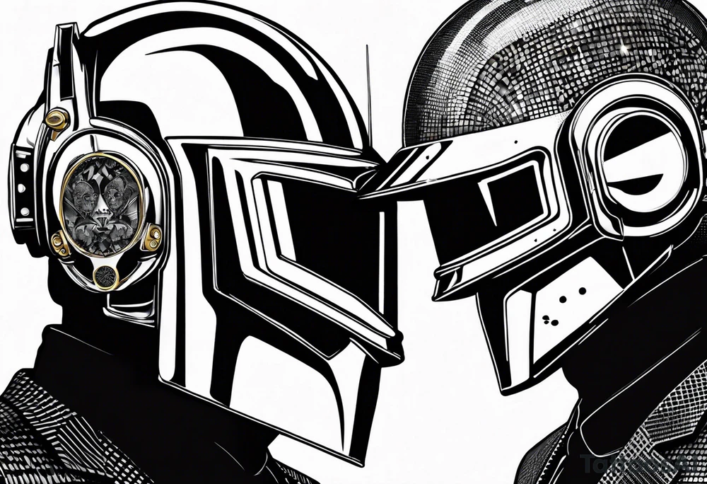 The two Daft Punk masks with 1993 written in the face of one and 2021 in the face of the other tattoo idea