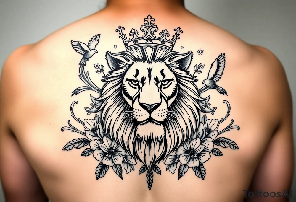 powerful majestic lion with a crown, surrounded by floral ornaments and birds tattoo idea