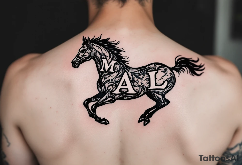 horse silhouette 
from the front which gallops towards us, with the 3 integrated letters: M, A, L tattoo idea
