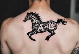 horse silhouette 
from the front which gallops towards us, with the 3 integrated letters: M, A, L tattoo idea