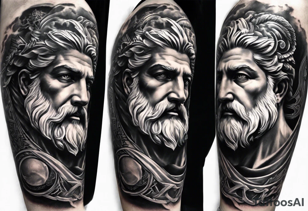 I want half sleeve tatto on the right arm 
With zeus and some thunder from his eyes, some text beside the zeus and  Temple of Olympian Zeus tattoo idea