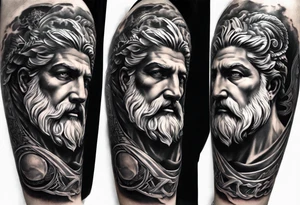 I want half sleeve tatto on the right arm 
With zeus and some thunder from his eyes, some text beside the zeus and  Temple of Olympian Zeus tattoo idea