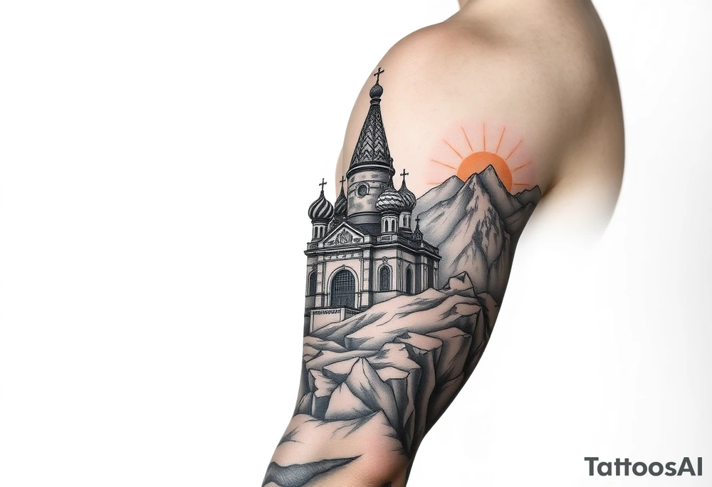 russian orthodox christian left arm tattoo with st basils cathederal in a mountainous setting with sun with a russian coat of arms tattoo idea
