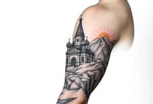 russian orthodox christian left arm tattoo with st basils cathederal in a mountainous setting with sun with a russian coat of arms tattoo idea