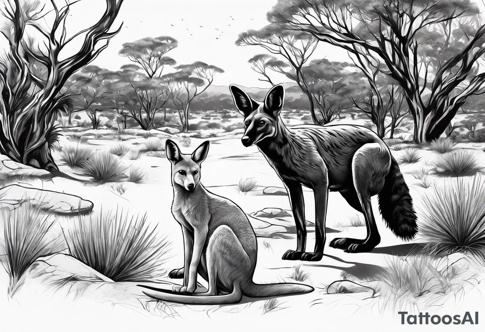 Outback with Uluṟu, a kangaroo, a dingo and an emu. tattoo idea