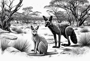 Outback with Uluṟu, a kangaroo, a dingo and an emu. tattoo idea
