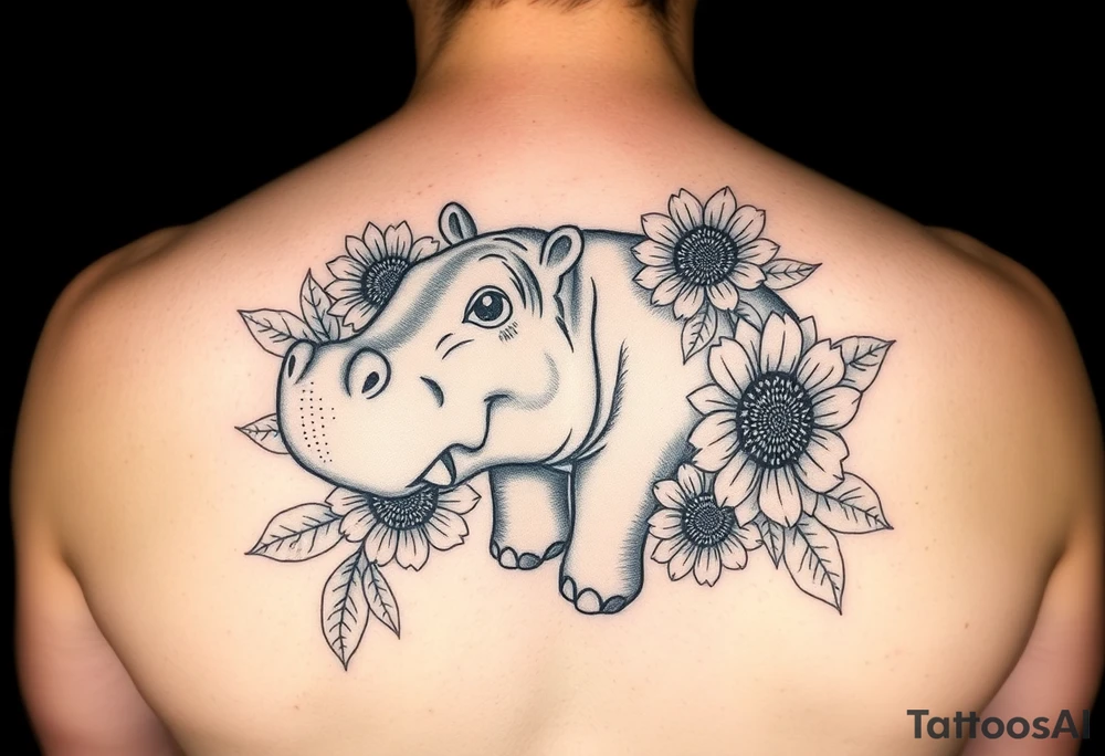 Cute hippo and with sunflowers and carnations tattoo idea