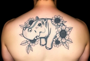 Cute hippo and with sunflowers and carnations tattoo idea